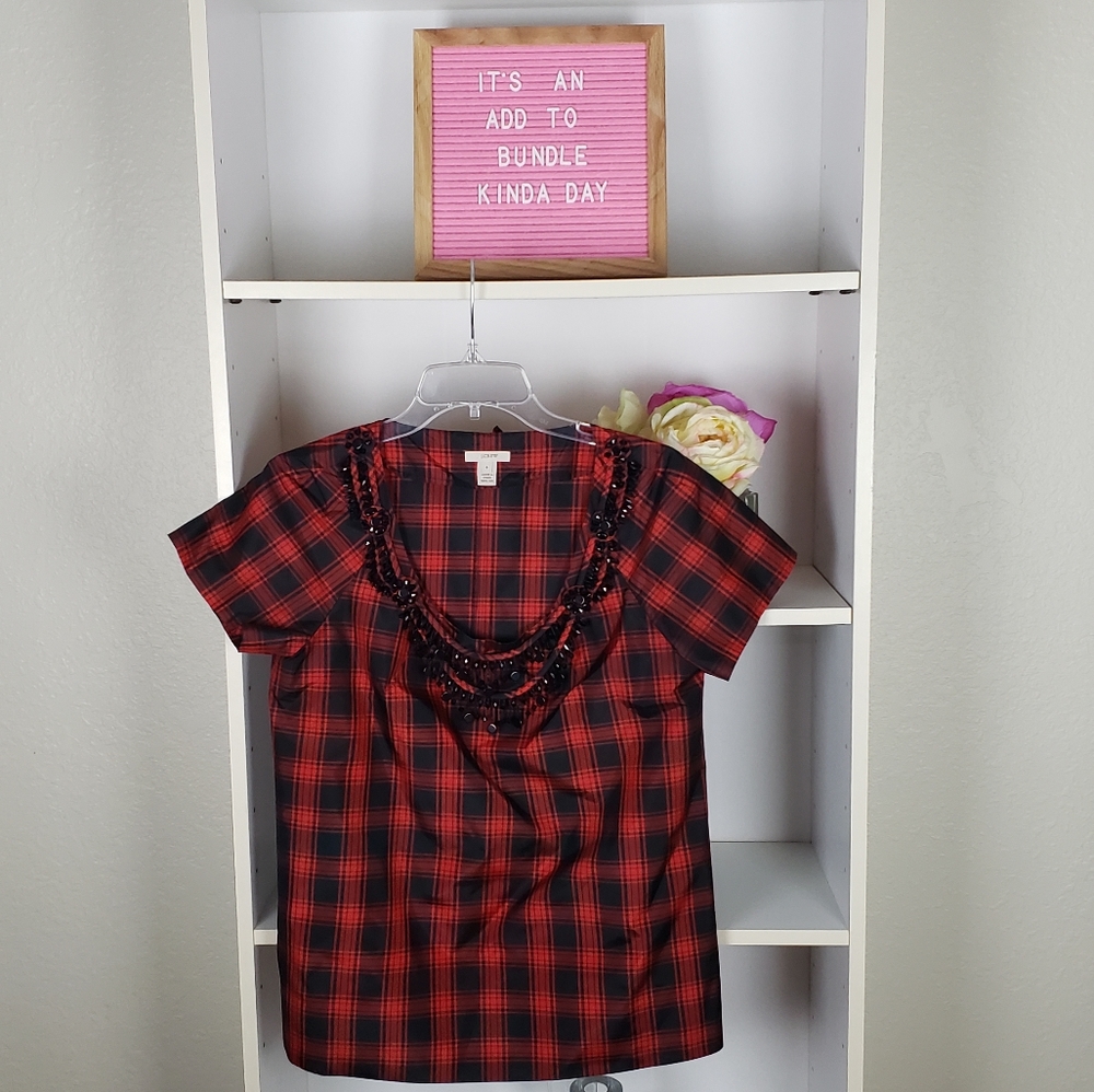 J.Crew Plaid Silk Jeweled Top SZ4